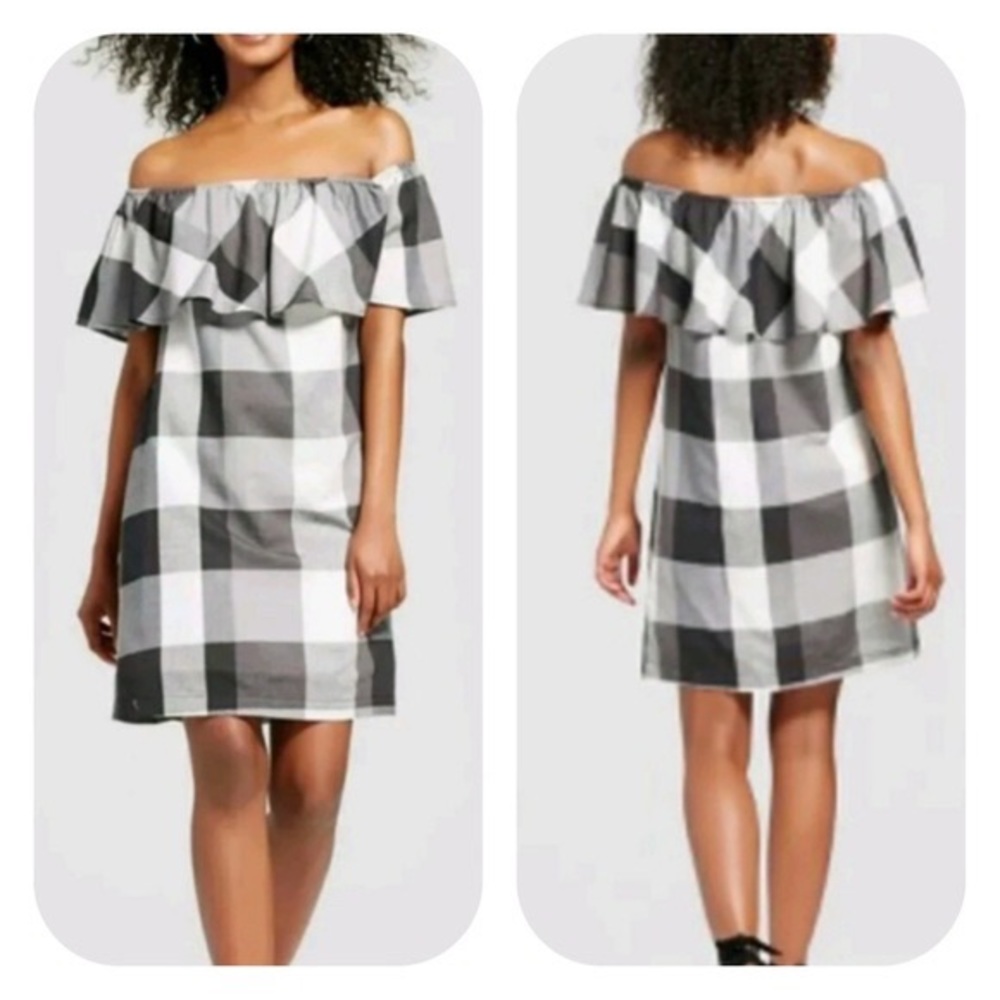 Who What Wear 2x Off the Shoulder Dress Black and White Checkered